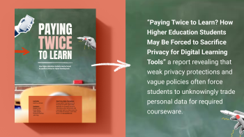 left side shows the report cover against a redish background with a blackboard on the right with white text describing the report