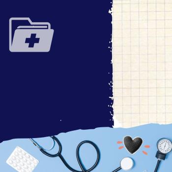 medical file on dark blue background, stethescope, heart, medication, blood pressure guage on on light blue background