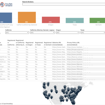 Screenshot of our dashboard visualizing the unified data broker registry gathered during April 2025 and unified by Privacy Rights Clearinghouse and the Electronic Frontier Foundation